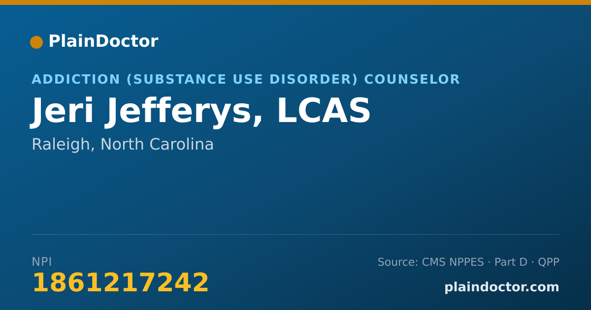 Shareable card for Jeri Jefferys, LCAS - Addiction (Substance Use Disorder) Counselor, Raleigh, NC