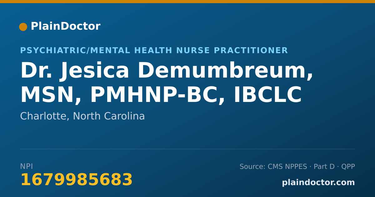 Shareable card for Jesica Demumbreum, MSN, PMHNP-BC, IBCLC - Psychiatric/Mental Health Nurse Practitioner, Charlotte, NC
