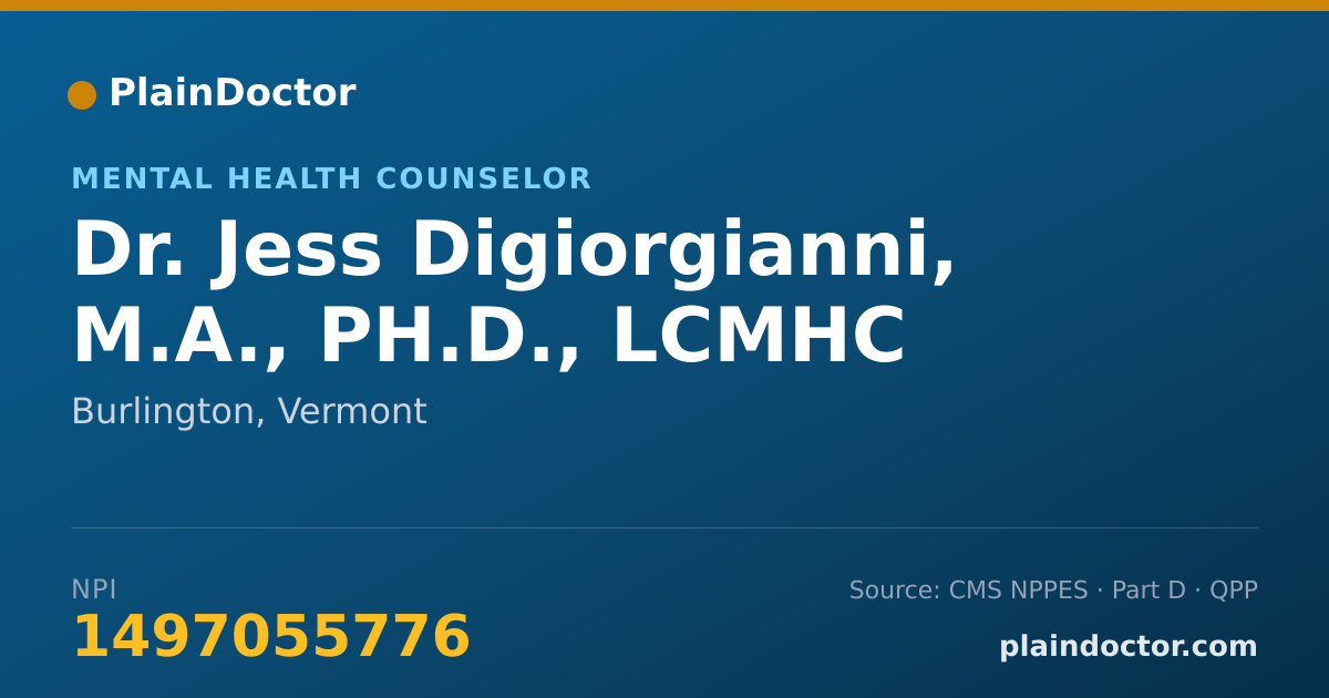Shareable card for Jess Digiorgianni, M.A., PH.D., LCMHC - Mental Health Counselor, Burlington, VT
