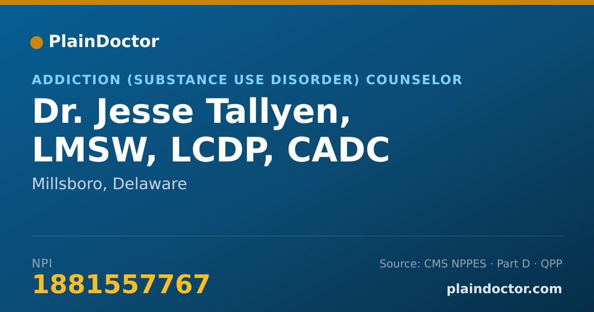 Shareable card for Jesse Tallyen, LMSW, LCDP, CADC - Addiction (Substance Use Disorder) Counselor, Millsboro, DE
