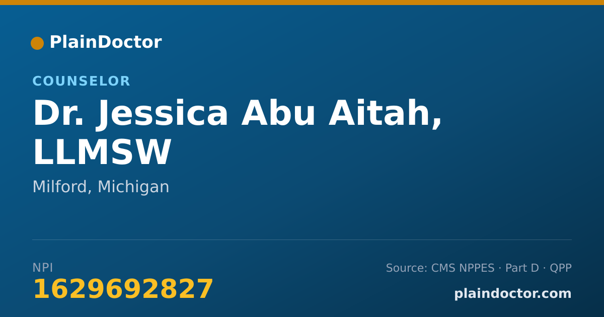 Shareable card for Jessica Abu Aitah, LLMSW - Counselor, Milford, MI