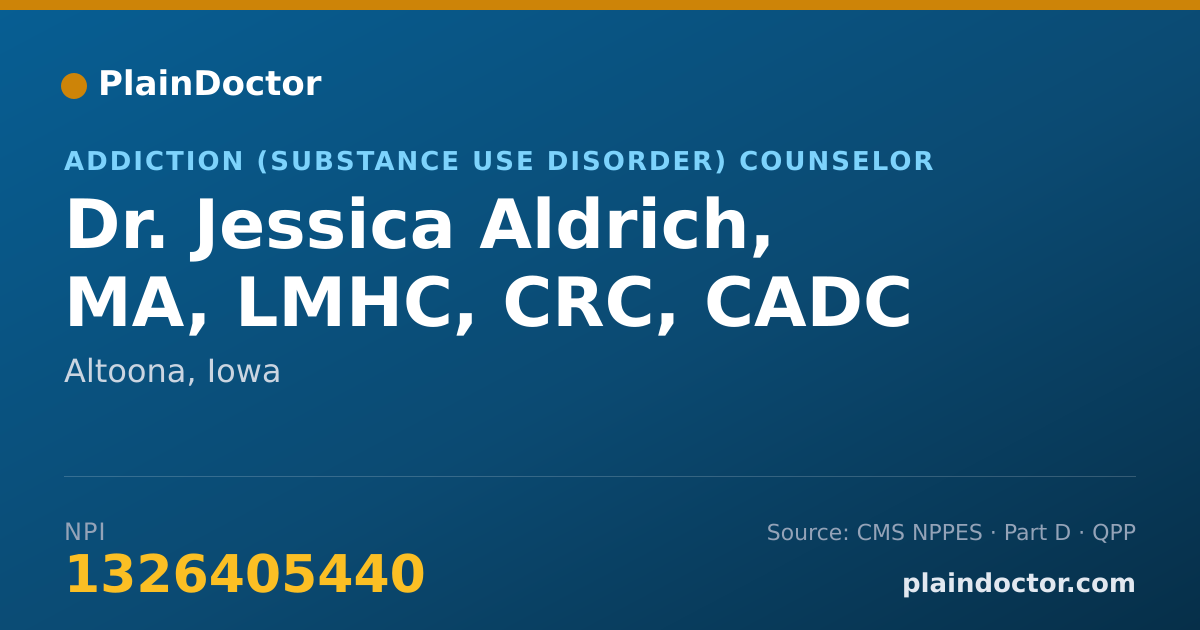 Shareable card for Jessica Aldrich, MA, LMHC, CRC, CADC - Addiction (Substance Use Disorder) Counselor, Altoona, IA