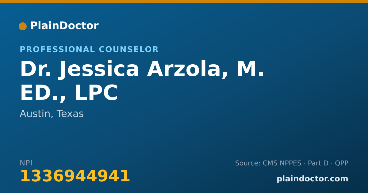 Shareable card for Jessica Arzola, M. ED., LPC - Professional Counselor, Austin, TX