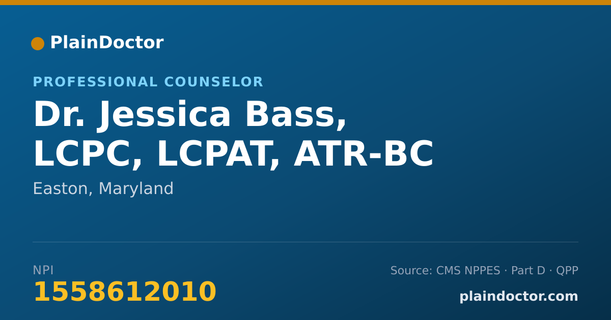 Shareable card for Jessica Bass, LCPC, LCPAT, ATR-BC - Professional Counselor, Easton, MD
