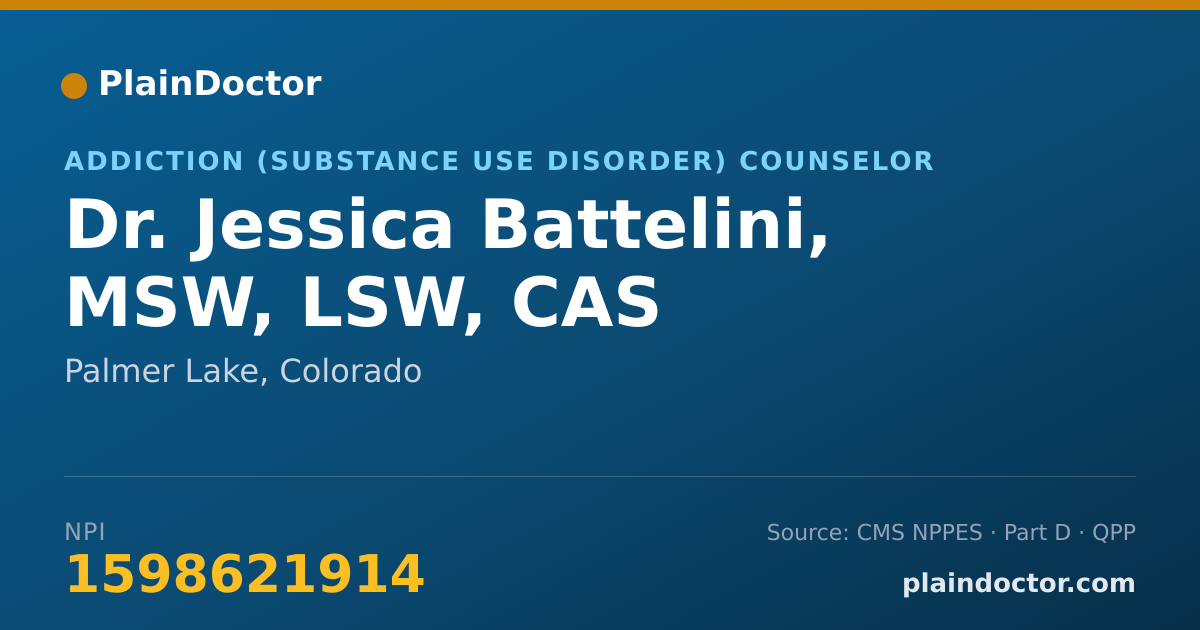 Shareable card for Jessica Battelini, MSW, LSW, CAS - Addiction (Substance Use Disorder) Counselor, Palmer Lake, CO