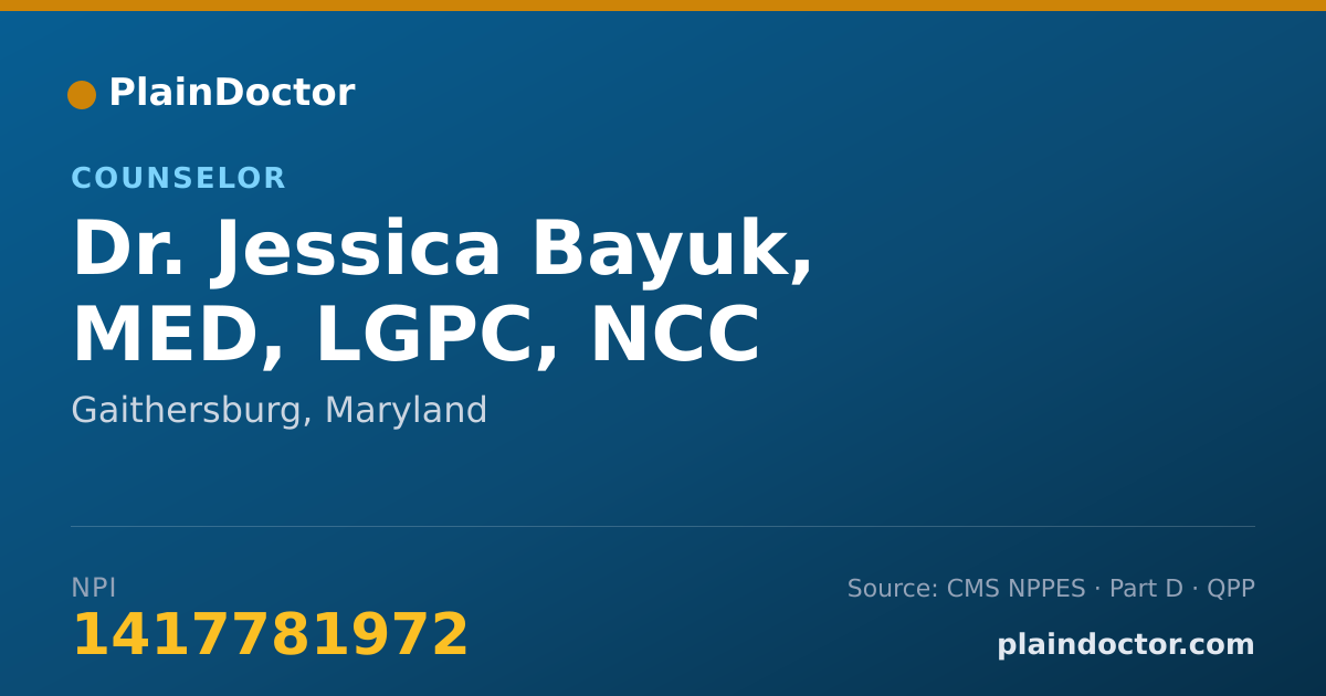 Shareable card for Jessica Bayuk, MED, LGPC, NCC - Counselor, Gaithersburg, MD