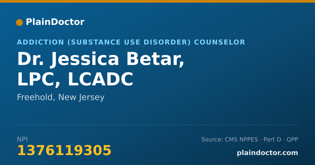 Shareable card for Jessica Betar, LPC, LCADC - Addiction (Substance Use Disorder) Counselor, Freehold, NJ
