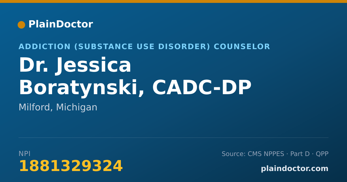 Shareable card for Jessica Boratynski, CADC-DP - Addiction (Substance Use Disorder) Counselor, Milford, MI