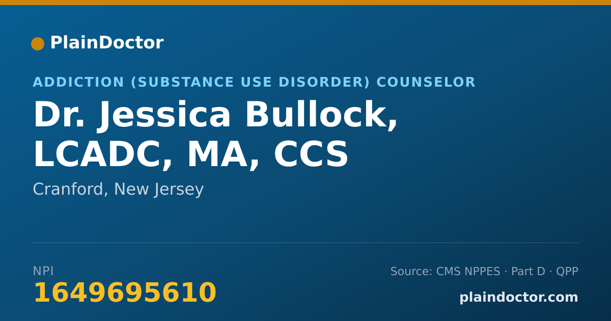 Shareable card for Jessica Bullock, LCADC, MA, CCS - Addiction (Substance Use Disorder) Counselor, Cranford, NJ