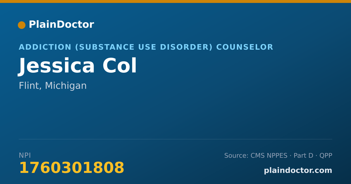 Shareable card for Jessica Col - Addiction (Substance Use Disorder) Counselor, Flint, MI