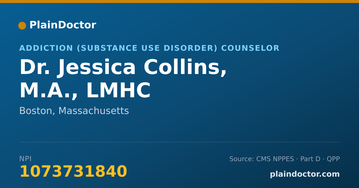 Shareable card for Jessica Collins, M.A., LMHC - Addiction (Substance Use Disorder) Counselor, Boston, MA