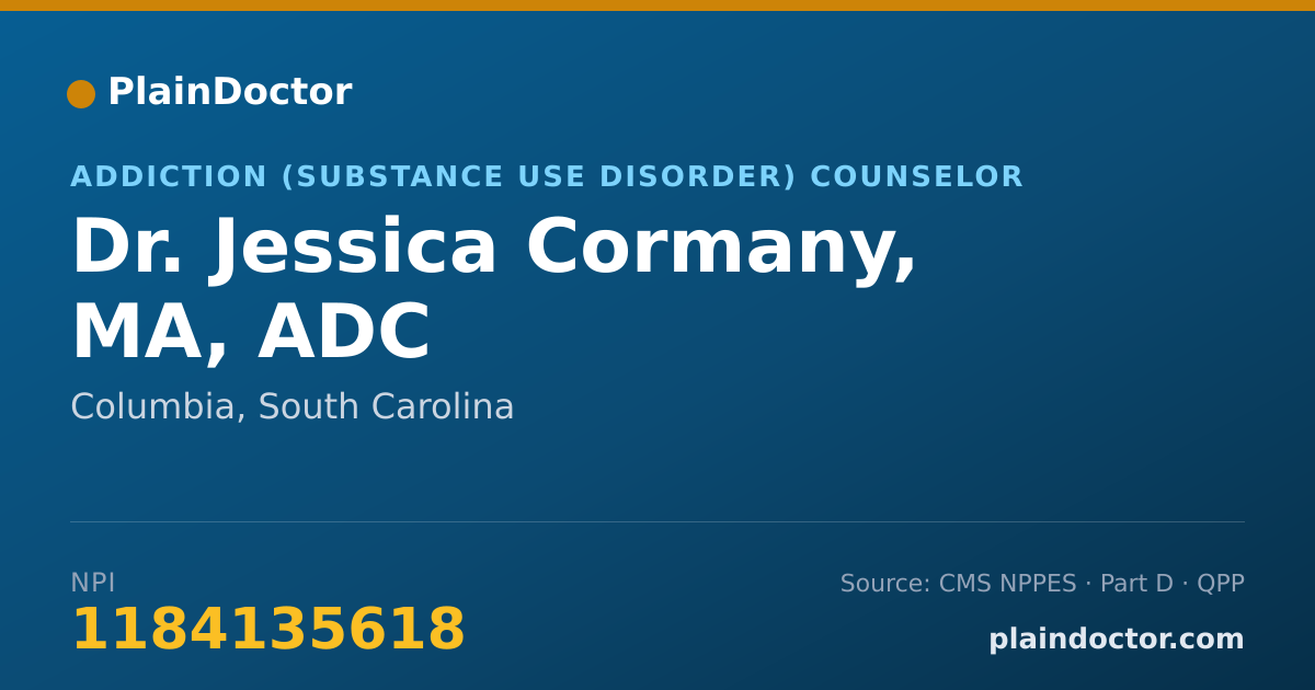 Shareable card for Jessica Cormany, MA, ADC - Addiction (Substance Use Disorder) Counselor, Columbia, SC