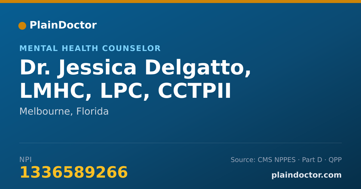 Shareable card for Jessica Delgatto, LMHC, LPC, CCTPII - Mental Health Counselor, Melbourne, FL