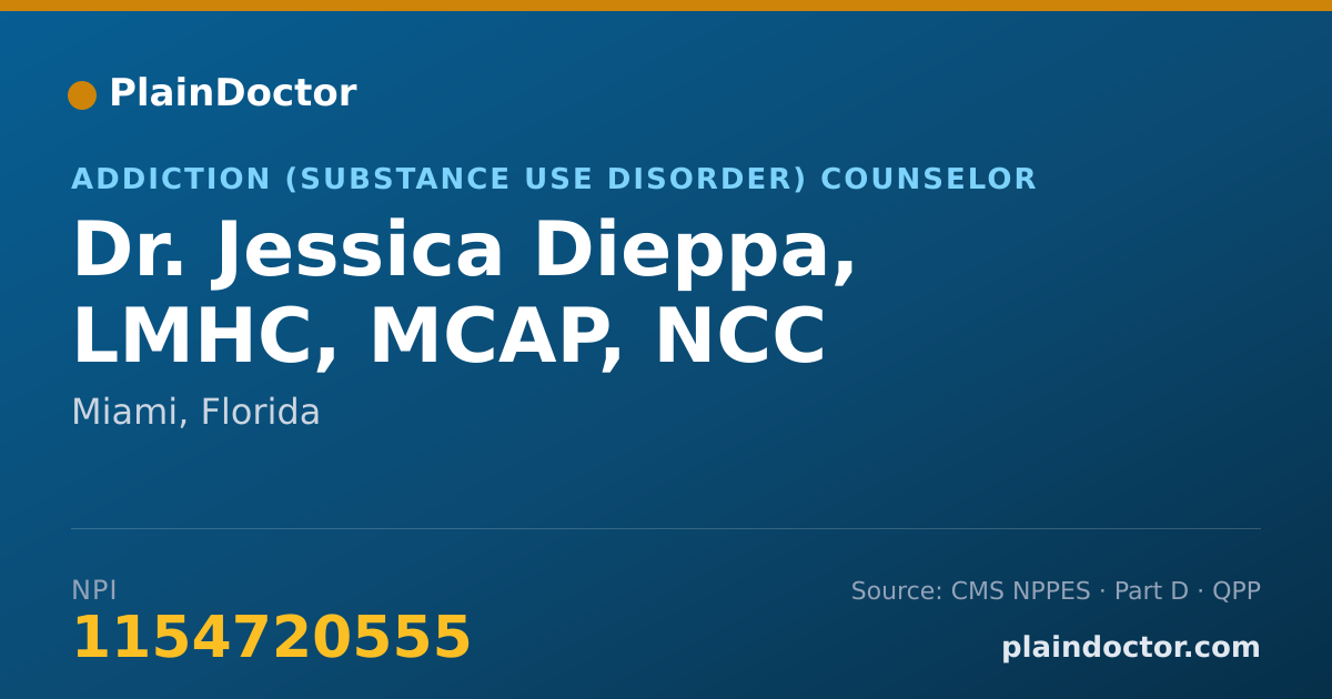Shareable card for Jessica Dieppa, LMHC, MCAP, NCC - Addiction (Substance Use Disorder) Counselor, Miami, FL