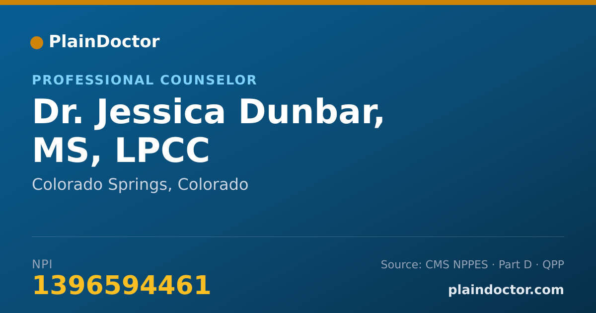 Shareable card for Jessica Dunbar, MS, LPCC - Professional Counselor, Colorado Springs, CO