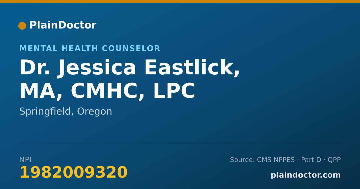 Shareable card for Jessica Eastlick, MA, CMHC, LPC - Mental Health Counselor, Springfield, OR