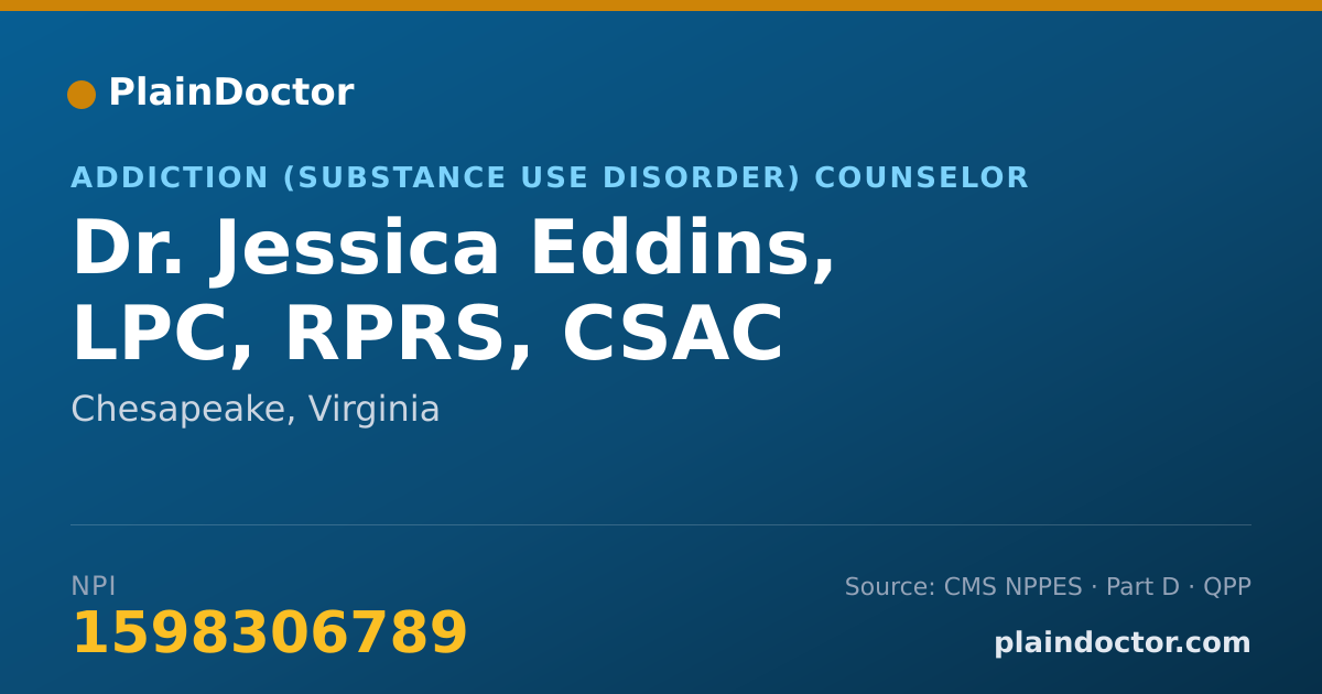 Shareable card for Jessica Eddins, LPC, RPRS, CSAC - Addiction (Substance Use Disorder) Counselor, Chesapeake, VA