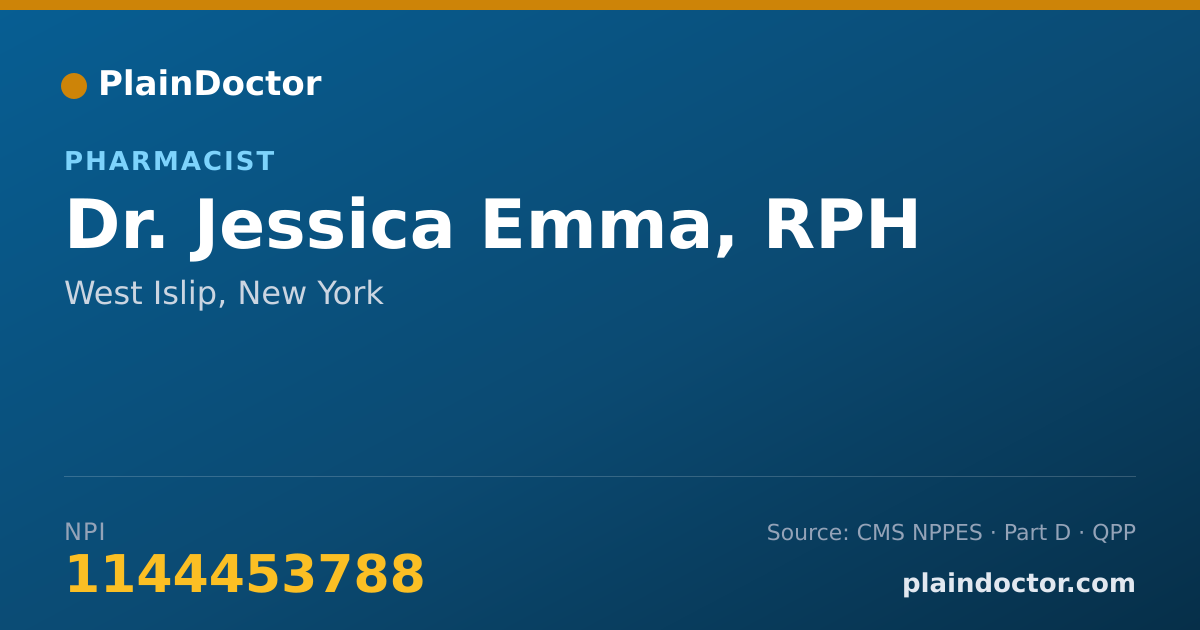 Shareable card for Jessica Emma, RPH - Pharmacist, West Islip, NY