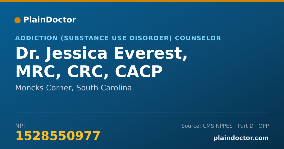Shareable card for Jessica Everest, MRC, CRC, CACP - Addiction (Substance Use Disorder) Counselor, Moncks Corner, SC
