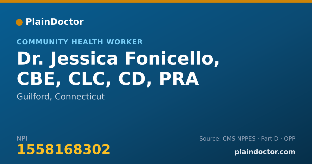 Shareable card for Jessica Fonicello, CBE, CLC, CD, PRA - Community Health Worker, Guilford, CT