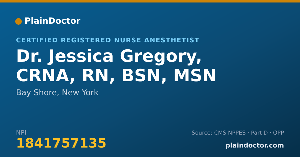 Shareable card for Jessica Gregory, CRNA, RN, BSN, MSN - Certified Registered Nurse Anesthetist, Bay Shore, NY
