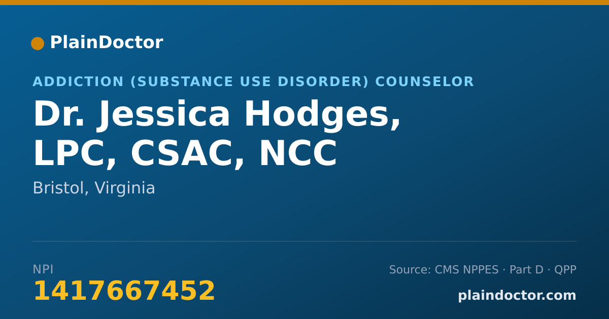 Shareable card for Jessica Hodges, LPC, CSAC, NCC - Addiction (Substance Use Disorder) Counselor, Bristol, VA