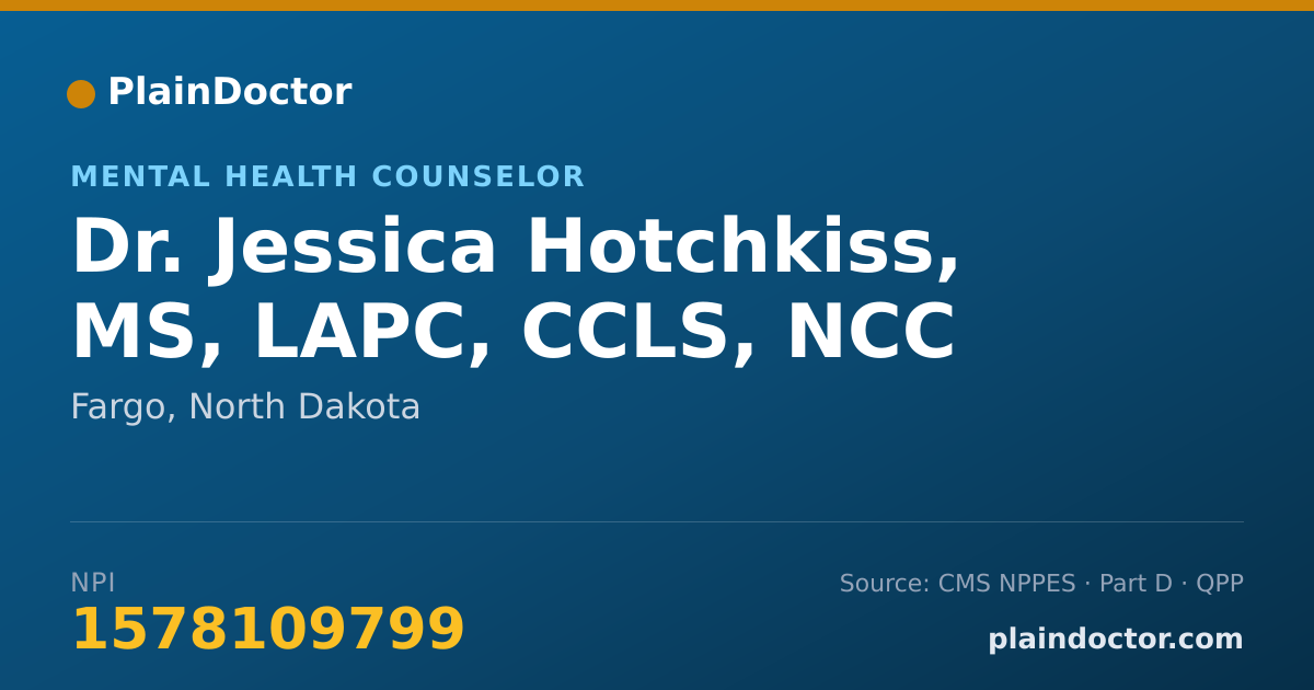 Shareable card for Jessica Hotchkiss, MS, LAPC, CCLS, NCC - Mental Health Counselor, Fargo, ND