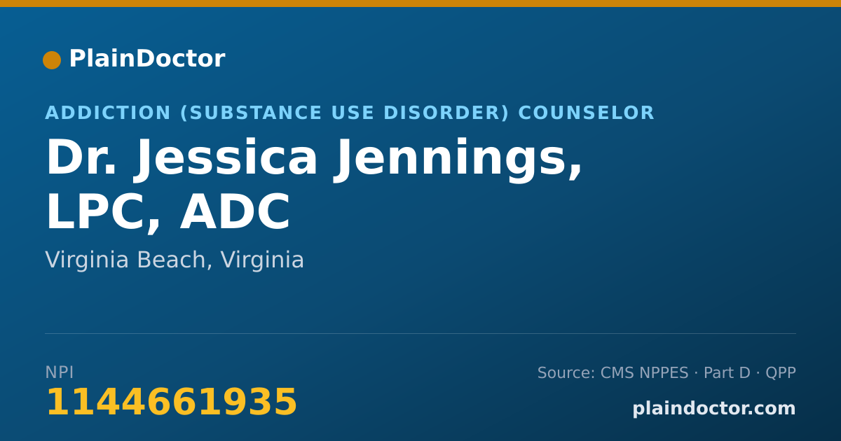 Shareable card for Jessica Jennings, LPC, ADC - Addiction (Substance Use Disorder) Counselor, Virginia Beach, VA