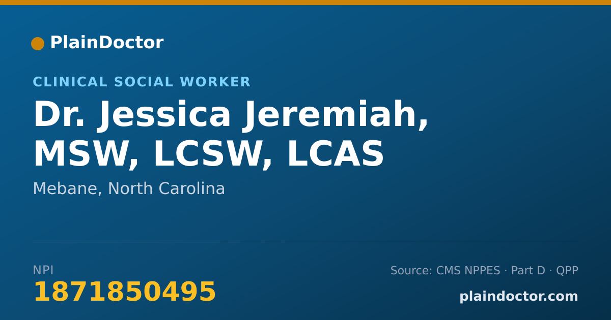 Shareable card for Jessica Jeremiah, MSW, LCSW, LCAS - Clinical Social Worker, Mebane, NC