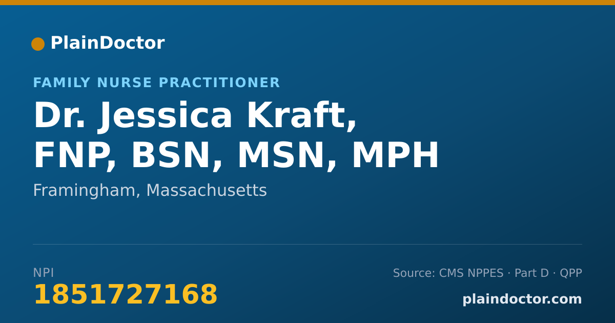 Shareable card for Jessica Kraft, FNP, BSN, MSN, MPH - Family Nurse Practitioner, Framingham, MA