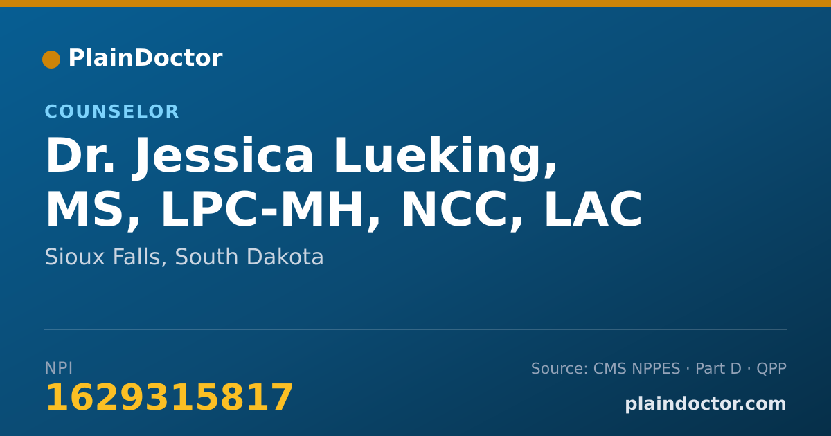 Shareable card for Jessica Lueking, MS, LPC-MH, NCC, LAC - Counselor, Sioux Falls, SD