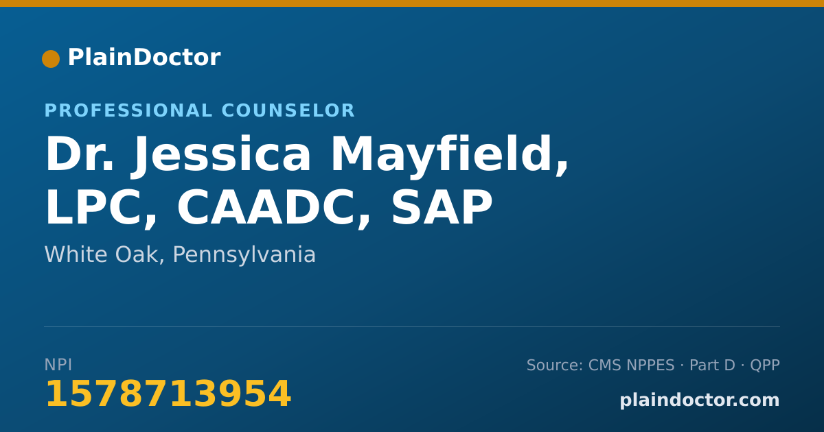 Shareable card for Jessica Mayfield, LPC, CAADC, SAP - Professional Counselor, White Oak, PA