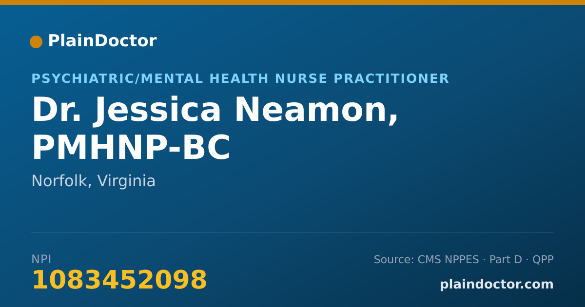Shareable card for Jessica Neamon, PMHNP-BC - Psychiatric/Mental Health Nurse Practitioner, Norfolk, VA