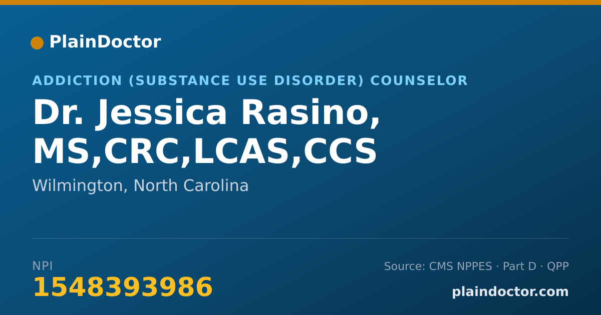 Shareable card for Jessica Rasino, MS,CRC,LCAS,CCS - Addiction (Substance Use Disorder) Counselor, Wilmington, NC