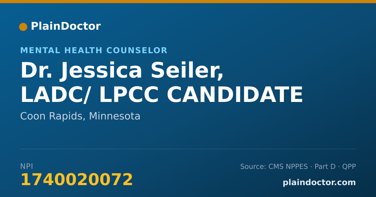 Shareable card for Jessica Seiler, LADC/ LPCC CANDIDATE - Mental Health Counselor, Coon Rapids, MN