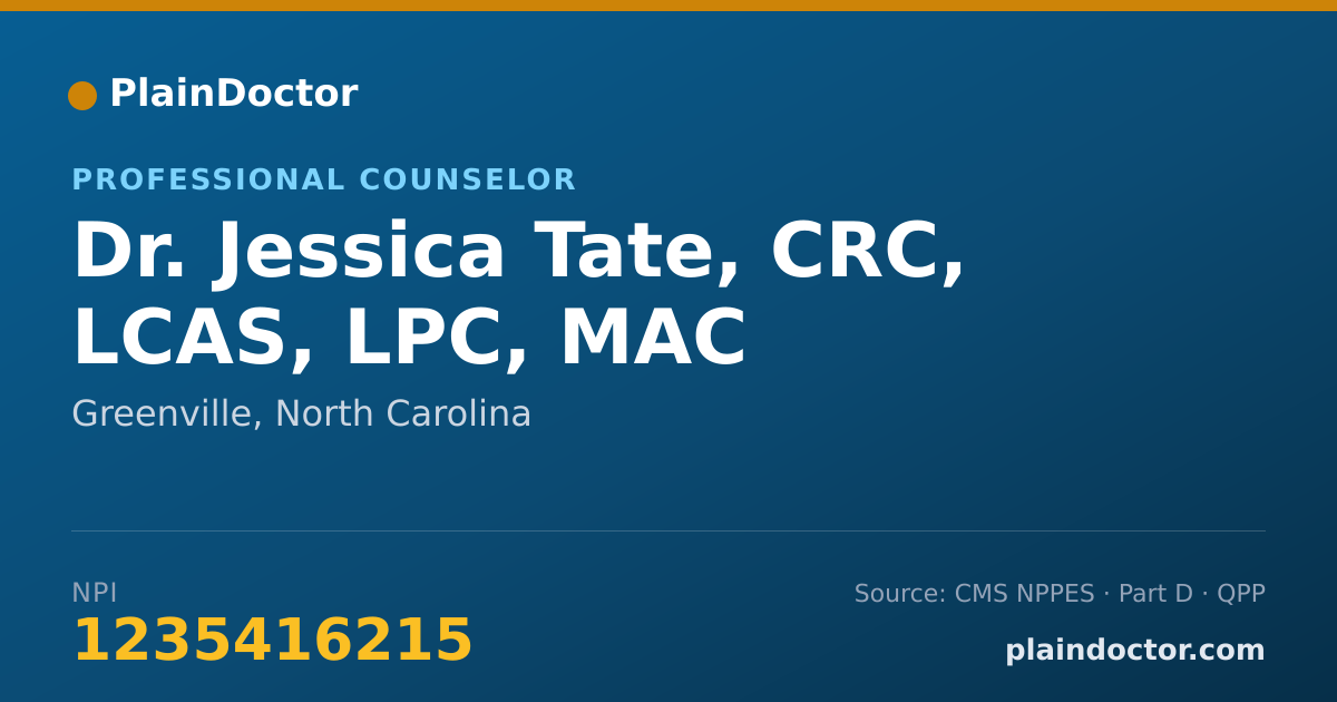 Shareable card for Jessica Tate, CRC, LCAS, LPC, MAC - Professional Counselor, Greenville, NC
