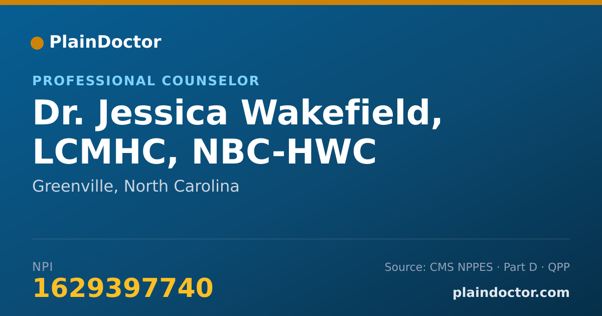 Shareable card for Jessica Wakefield, LCMHC, NBC-HWC - Professional Counselor, Greenville, NC