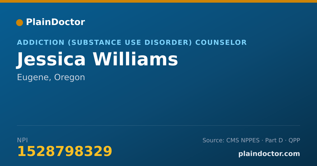 Shareable card for Jessica Williams - Addiction (Substance Use Disorder) Counselor, Eugene, OR