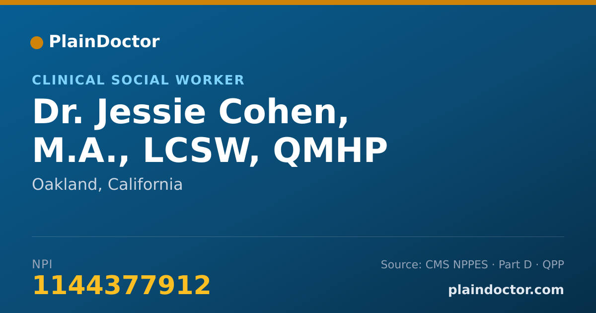 Shareable card for Jessie Cohen, M.A., LCSW, QMHP - Clinical Social Worker, Oakland, CA