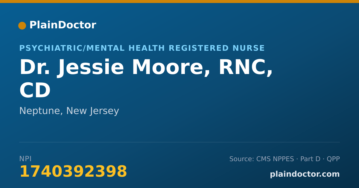 Shareable card for Jessie Moore, RNC, CD - Psychiatric/Mental Health Registered Nurse, Neptune, NJ