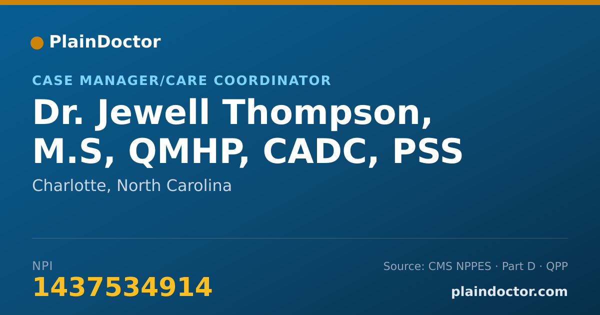 Shareable card for Jewell Thompson, M.S, QMHP, CADC, PSS - Case Manager/Care Coordinator, Charlotte, NC