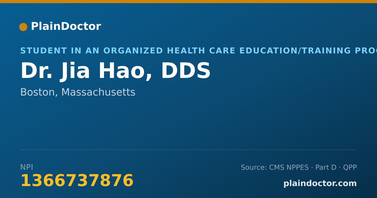 Shareable card for Jia Hao, DDS - Student in an Organized Health Care Education/Training Program, Boston, MA