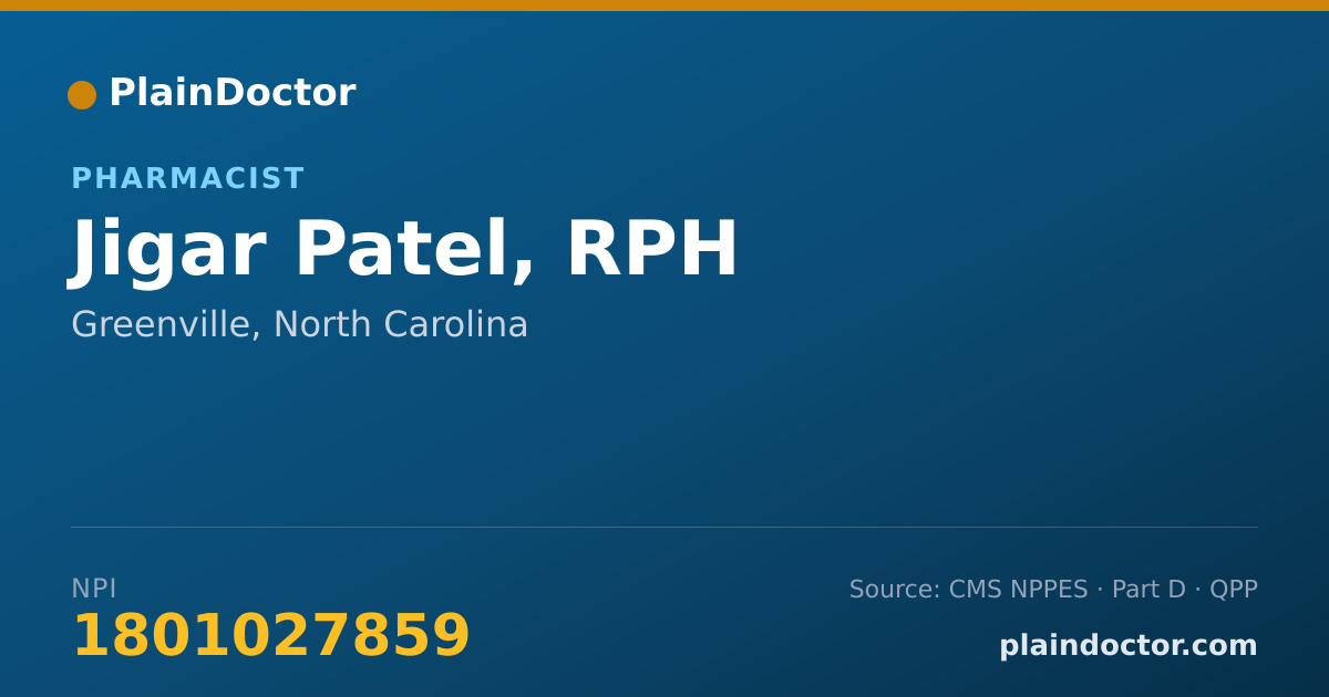 Shareable card for Jigar Patel, RPH - Pharmacist, Greenville, NC
