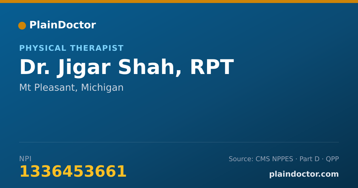 Shareable card for Jigar Shah, RPT - Physical Therapist, Mt Pleasant, MI