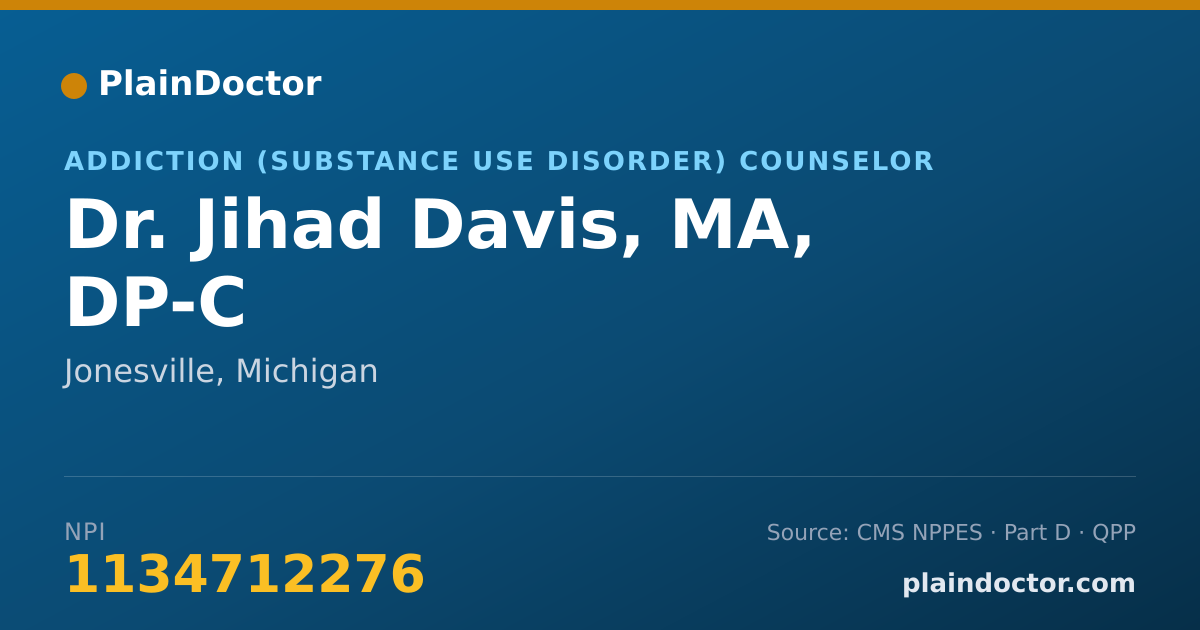 Shareable card for Jihad Davis, MA, DP-C - Addiction (Substance Use Disorder) Counselor, Jonesville, MI