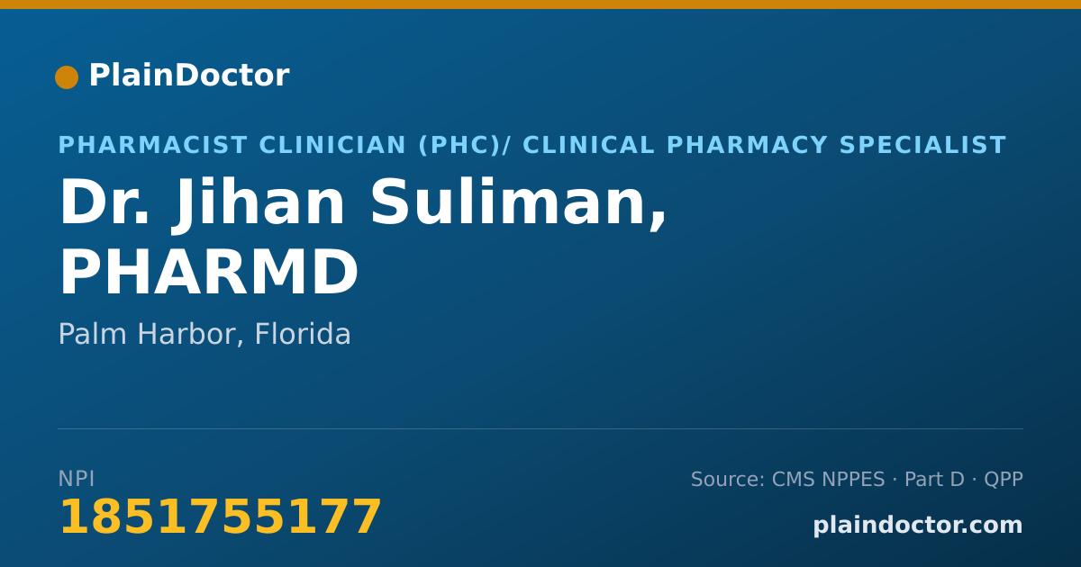 Shareable card for Jihan Suliman, PHARMD - Pharmacist Clinician (PhC)/ Clinical Pharmacy Specialist, Palm Harbor, FL