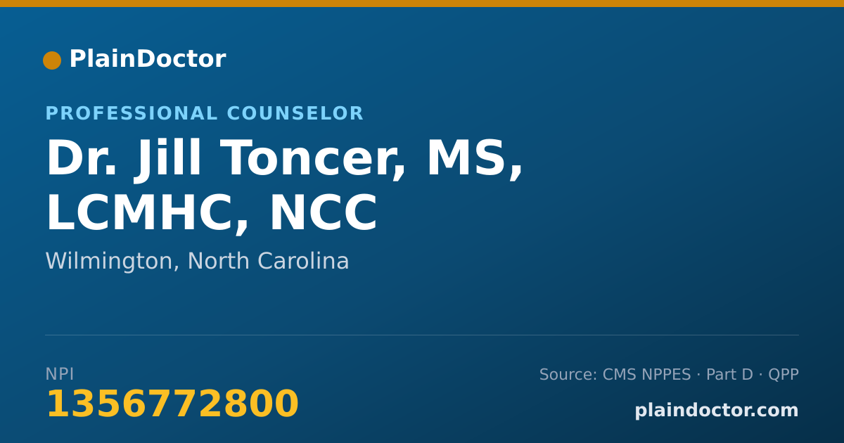 Shareable card for Jill Toncer, MS, LCMHC, NCC - Professional Counselor, Wilmington, NC
