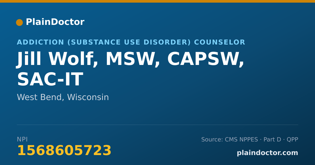 Shareable card for Jill Wolf, MSW, CAPSW, SAC-IT - Addiction (Substance Use Disorder) Counselor, West Bend, WI