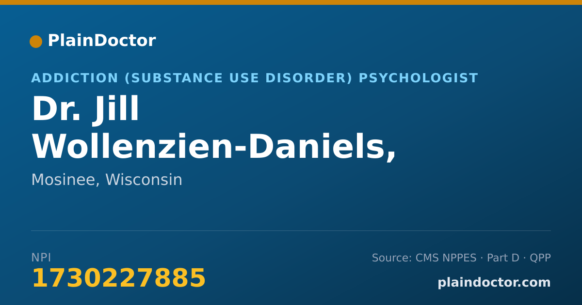 Shareable card for Jill Wollenzien-Daniels, PHD - Addiction (Substance Use Disorder) Psychologist, Mosinee, WI