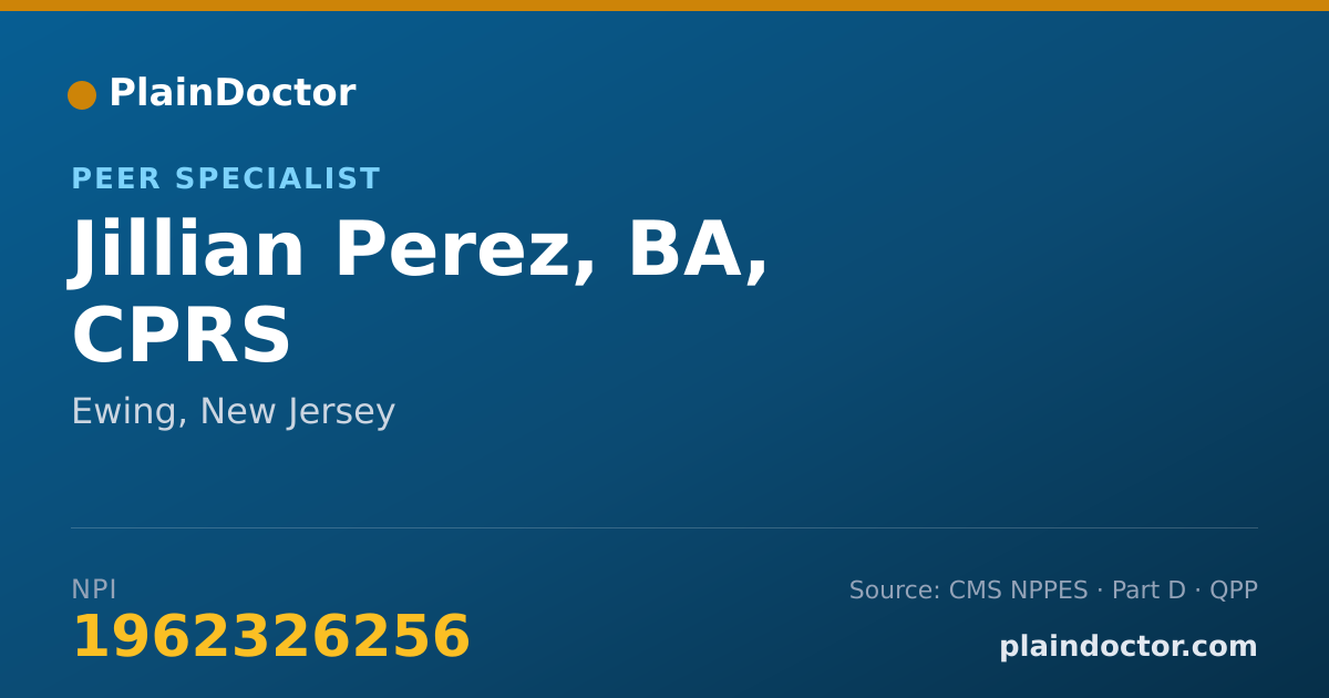 Shareable card for Jillian Perez, BA, CPRS - Peer Specialist, Ewing, NJ